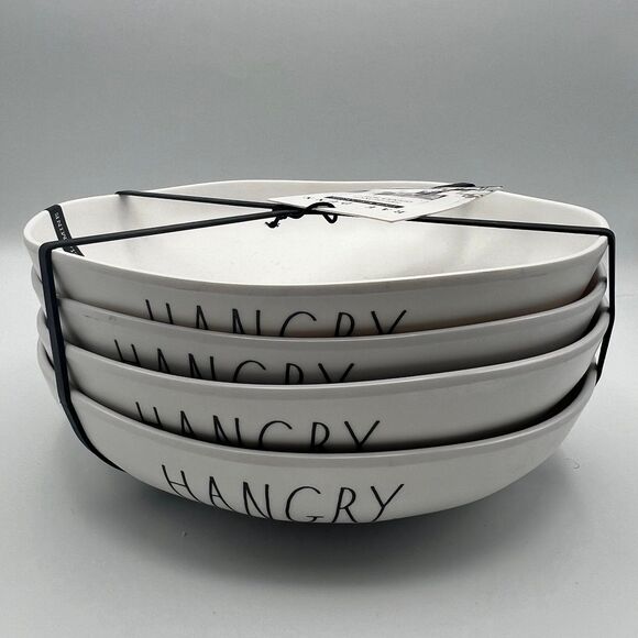 Rae Dunn HANGRY Melamine 9In Dinner Bowls White Black Set of 4 - Picture 3 of 7